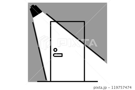 センサーライトのついた玄関ドア、防犯とホームセキュリティの白黒アイコン センサーライトのついた玄関ドア、防犯とホームセキュリティの白黒アイコン 119757474