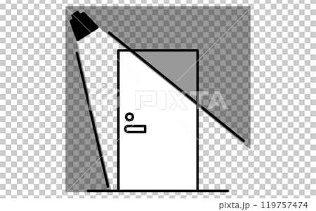 センサーライトのついた玄関ドア、防犯とホームセキュリティの白黒アイコン センサーライトのついた玄関ドア、防犯とホームセキュリティの白黒アイコン 119757474