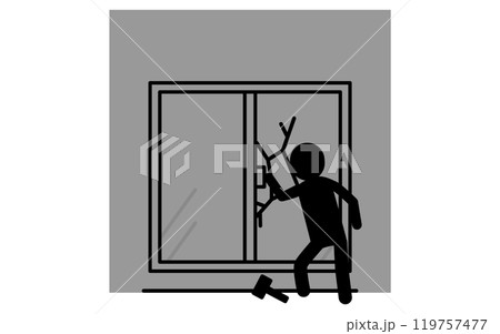 ハンマーで窓をたたき割って侵入する不審者、防犯とホームセキュリティの白黒アイコン ハンマーで窓をたたき割って侵入する不審者、防犯とホームセキュリティの白黒アイコン 119757477