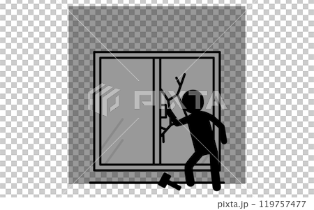 ハンマーで窓をたたき割って侵入する不審者、防犯とホームセキュリティの白黒アイコン ハンマーで窓をたたき割って侵入する不審者、防犯とホームセキュリティの白黒アイコン 119757477