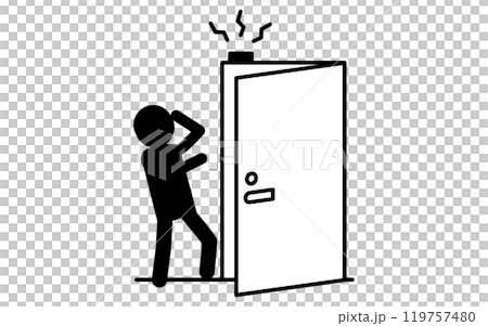 當前門警報響起時,可疑者感到驚訝,用於預防犯罪和家庭安全的黑白圖標 當前門警報響起時,可疑者感到驚訝,用於預防犯罪和家庭安全的黑白圖標 119757480