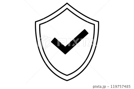 セキュリティの盾、防犯とホームセキュリティの白黒アイコン セキュリティの盾、防犯とホームセキュリティの白黒アイコン 119757485