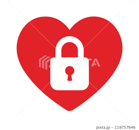 Locked heart icon symbol. Lock in heart logo sign. Safety secret love. Vector illustration image. Isolated on white background. 119757646