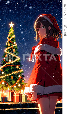 サンタクロースの服を着たアニメ調の美少女とクリスマスツリー 119757976
