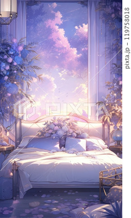 A bedroom adorned with flowers as beautiful as a painting, where a bed beckons relaxation by a large window framing a breathtaking view. 119758018