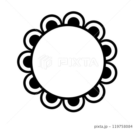 Scalloped edge circle frame. Simple round scalloped border. Fabric lace pattern frame. Repeat cute vintage frill ornament. Texture ribbon. Vector illustration isolated on white background. Scalloped edge circle frame. Simple round scalloped border. Fabric lace pattern frame. Repeat cute vintage frill ornament. Texture ribbon. Vector illustration isolated on white background. 119758084