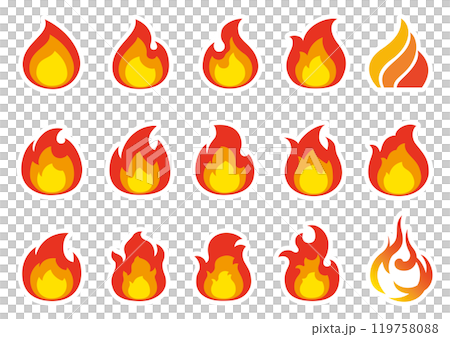 Simple sticker-style icon set of flames and fire, illustration, no shadow 119758088