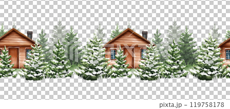 Watercolor seamless border with chalet. Wooden cabin in fir forest. Winter woodland. Hand drawn background, perfect for Christmas card or print design. Watercolor seamless border with chalet. Wooden cabin in fir forest. Winter woodland. Hand drawn background, perfect for Christmas card or print design. 119758178