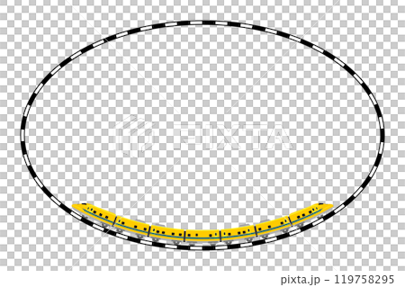 おもちゃ風の923形ドクターイエローと楕円の線路のフレームのイラスト 119758295