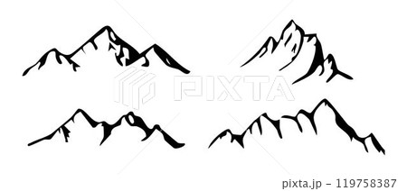 Mountain ridge, snowy peak, line wild nature. Hand drawn landscape, map line contour. Rocky mountains landscape design, icon. 119758387