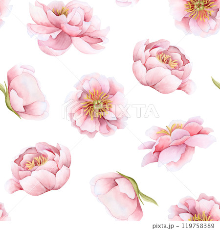 Romantic pink peony flowers watercolor seamless pattern on white. Floral garden roses repeat background for spring wedding design, Valentines Day greeting cards and girl stationery Romantic pink peony flowers watercolor seamless pattern on white. Floral garden roses repeat background for spring wedding design, Valentines Day greeting cards and girl stationery 119758389