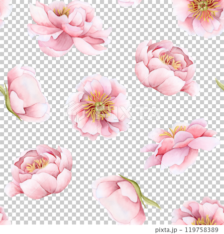 Romantic pink peony flowers watercolor seamless pattern on white. Floral garden roses repeat background for spring wedding design, Valentines Day greeting cards and girl stationery Romantic pink peony flowers watercolor seamless pattern on white. Floral garden roses repeat background for spring wedding design, Valentines Day greeting cards and girl stationery 119758389