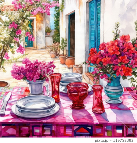 Colorful dining table with beautiful glasses, plates, chandeliers and flowers. 119758392