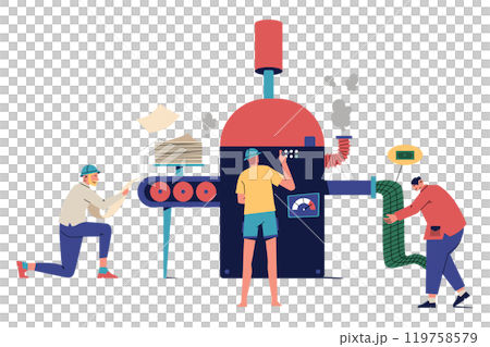 Three People Working Around a Large Machine, Financial Industry Illustration Three People Working Around a Large Machine, Financial Industry Illustration 119758579