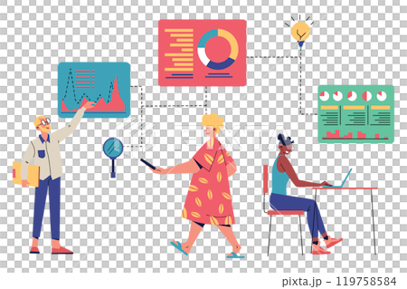 Three People Interacting with Connected Diagrams and Charts, Risk Management Illustration 119758584