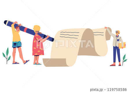 Two People Holding a Large Pen and a Long Paper Roll, While a Man Stands Nearby, Smart Contract 119758586