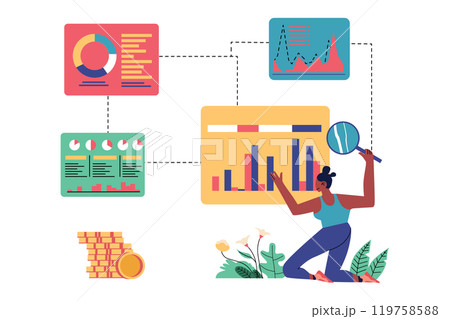 Woman Analyzing Data with a Magnifying Glass, Blockchain Illustration 119758588