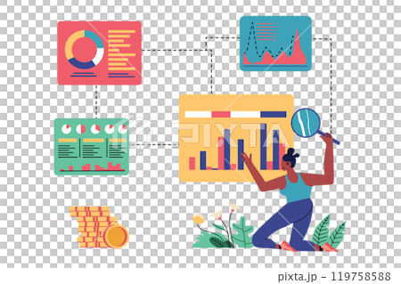Woman Analyzing Data with a Magnifying Glass, Blockchain Illustration 119758588