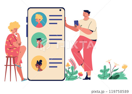 Two People Looking at Profiles on a Phone Screen, Cashless System Illustration Two People Looking at Profiles on a Phone Screen, Cashless System Illustration 119758589