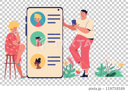 Two People Looking at Profiles on a Phone Screen, Cashless System Illustration Two People Looking at Profiles on a Phone Screen, Cashless System Illustration 119758589