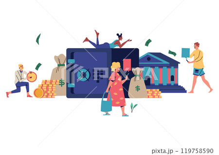 Three People Interacting with a Safe and a Bank Building, Central Bank Illustration 119758590