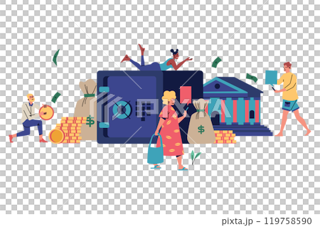 Three People Interacting with a Safe and a Bank Building, Central Bank Illustration 119758590