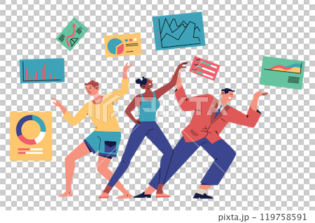 Three People Dancing and Celebrating Among Charts and Diagrams, Crowdfunding Illustration Three People Dancing and Celebrating Among Charts and Diagrams, Crowdfunding Illustration 119758591