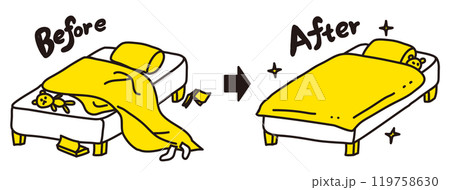 ベットメイキングのビフォーとアフターの比較（2色） 119758630