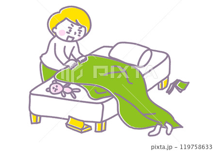起き抜けした寝具を整えている人のイラスト（パステル） 119758633