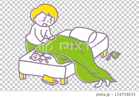 起き抜けした寝具を整えている人のイラスト（パステル） 119758633