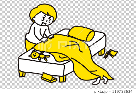 Illustration of a person tidying their bedding after waking up (2 colors) 119758634