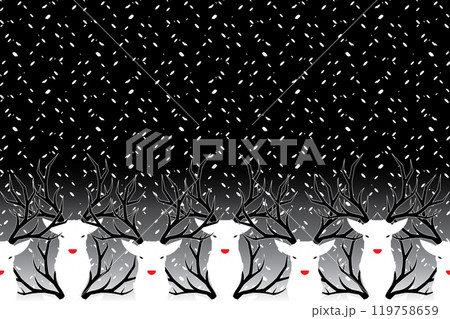 Illustration snow fall with deer on black background. 119758659