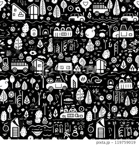Seamless pattern with hand drawn trees, houses, cars and other elements. 119759019