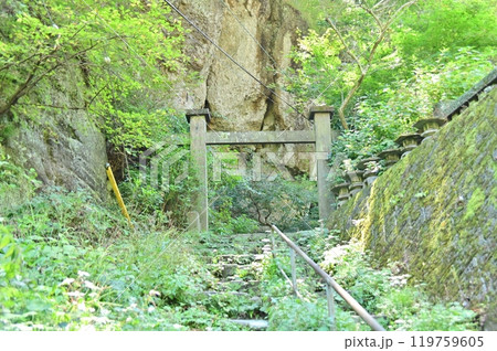 天台宗布引山釈尊寺の冠木門と壁に並ぶ石灯籠 天台宗布引山釈尊寺の冠木門と壁に並ぶ石灯籠 119759605