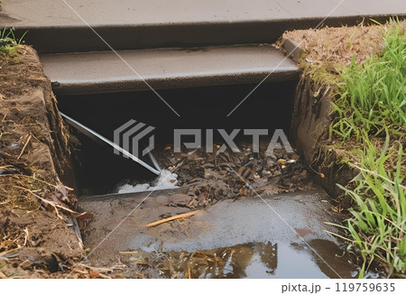 Drainage channel clogged with dry leaves and debris.AI Generated 119759635