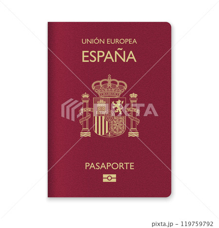 Spain Passport Cover with Gold Emblem and Text 119759792