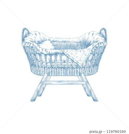 Cute retro baby cot cradle clipart. Toile de jouy style vintage line art illustration. 119760160