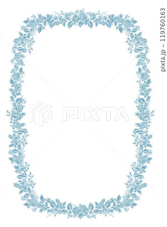 Beautiful floral frame clipart in toile de jouy line art style. Hand drawn flower composition illustration. Vintage retro floral wreath. Beautiful floral frame clipart in toile de jouy line art style. Hand drawn flower composition illustration. Vintage retro floral wreath. 119760163