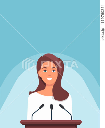 A Caucasian speaker stands behind a podium with microphones makes a business report and mark A Caucasian speaker stands behind a podium with microphones makes a business report and mark 119760234