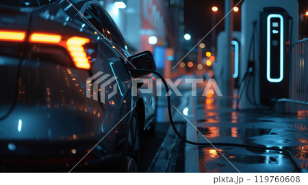 Electric car charging at station with power cable infrastructure in urban 119760608
