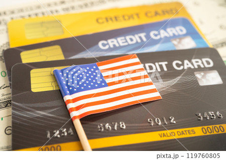 Credit card model with USA America flag, financial investment economy business banking. 119760805