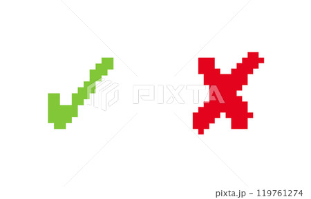 Approval and Rejection Symbol in UI Design. Pixel Art Green Check and Red Cross Icon. Correct and Wrong Indicators. Isolated Vector Illustration 119761274