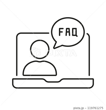 Virtual Assistant Outline Symbol. Person on Laptop with FAQ Chat Bubble Line Icon. Online Customer Support Sign. Editable Stroke. Isolated Vector Illustration 119761275