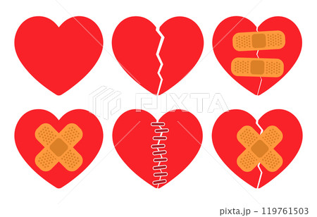 Broken heart icon symbol. Heart with medical patch logo sign. Red heart shape. Vector illustration image. Isolated on white background. 119761503