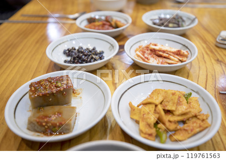 A collection of delicious Korean side dishes. A collection of delicious Korean side dishes. 119761563