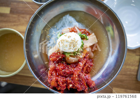 This is Hwangtae Naengmyeon, a delicious Korean cold noodle. This is Hwangtae Naengmyeon, a delicious Korean cold noodle. 119761568