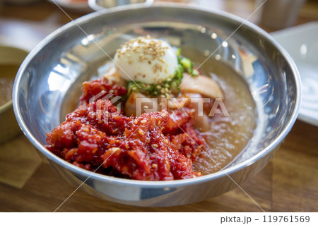 This is Hwangtae Naengmyeon, a delicious Korean cold noodle. This is Hwangtae Naengmyeon, a delicious Korean cold noodle. 119761569