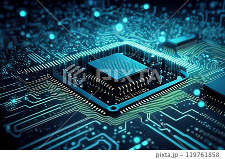 Close-up view of a modern GPU card with circuit and colorful lights and details 3D rendering 119761858