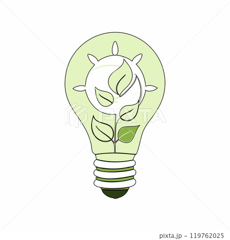 Flat vector illustration of a lightbulb with green leaves, symbolizing eco-friendly energy and sustainability. Ideal for environmental and green technology themes.. 119762025