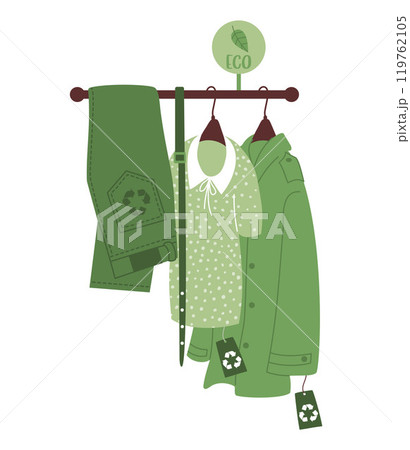 Sustainable Fashion shopping. Eco-conscious attire on hangers trouser, belt, blouse and coat. Appreciate recycled clothing concept. Advocacy for eco-friendly apparel. Vector illustration in flat style Sustainable Fashion shopping. Eco-conscious attire on hangers trouser, belt, blouse and coat. Appreciate recycled clothing concept. Advocacy for eco-friendly apparel. Vector illustration in flat style 119762105